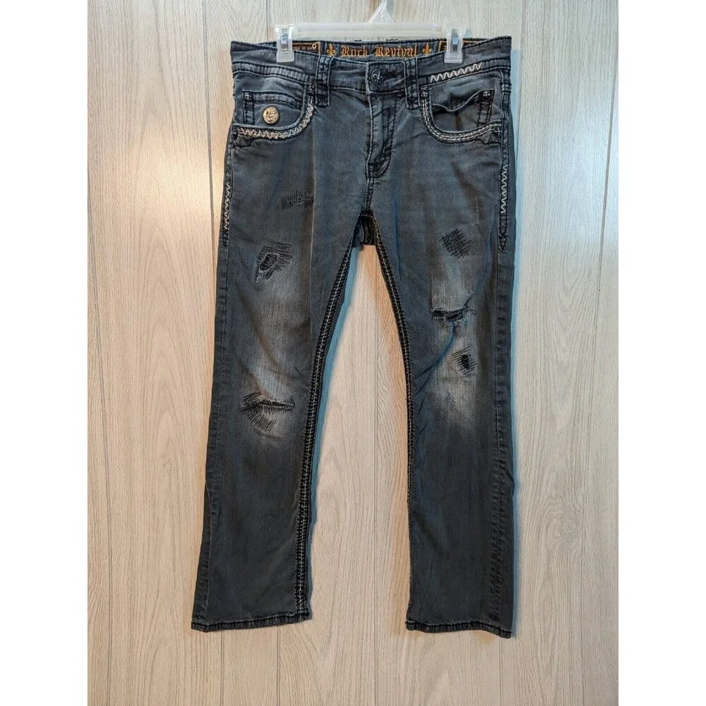 Rock Revival Jeans Mens 33 Gray Denim Finn Slim Boot Distressed READ 34x29